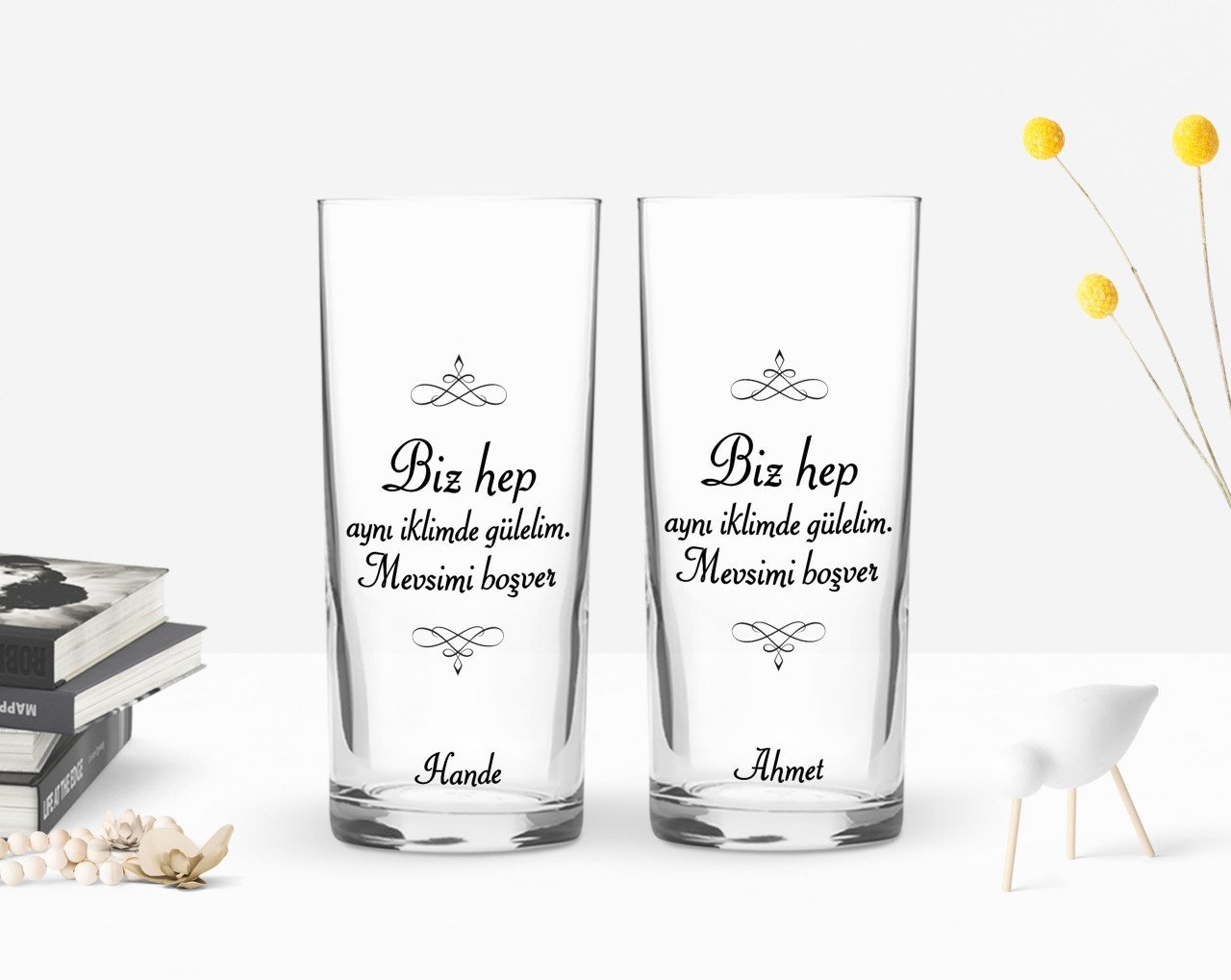 Kişiye Özel Renkli Baskılı Mevsimi Boşver Tasarımlı İkili Rakı Bardağı Seti-1