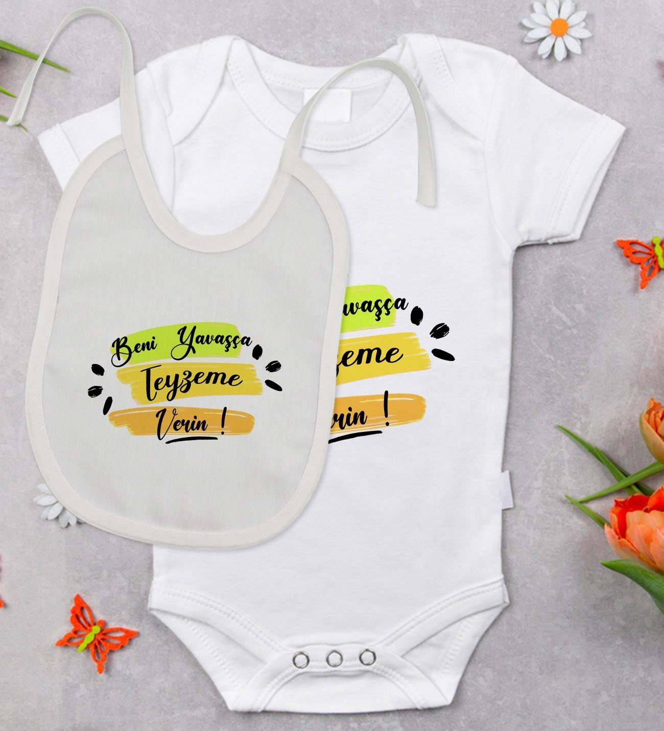 BK Kids Beni Yavaşça Teyzeme Verin Tasarımlı Bebek Body Zıbın ve Mama Önlüğü Hediye Seti - Model 1