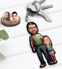 BK Gift Kişiye Özel Baba-Kız Karikatürlü 3D Ahşap Anahtarlık-1, Babalar Günü Hediyesi, Babaya Hediye