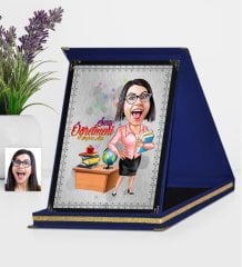Kişiye Özel Bayan Öğretmen Karikatürlü Lacivert Plaket - 5