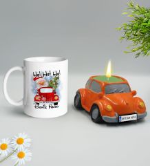 Yılbaşı Hediyesi BK Gift Kişiye Özel Yeni Yıl Tasarımlı Beyaz Kupa Bardak ve Plakalı Nostaljik Vosvos Mum Hediye Seti-2, Sevgiliye, Arkadaşa Hediye