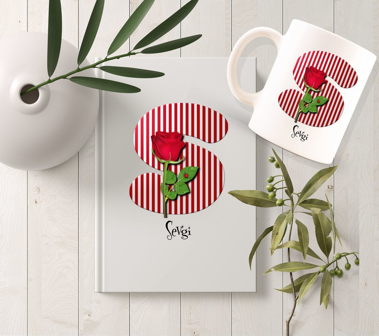 Kişiye Özel Harf Tasarımlı Beyaz Defter ve Kupa Hediye Seti-29
