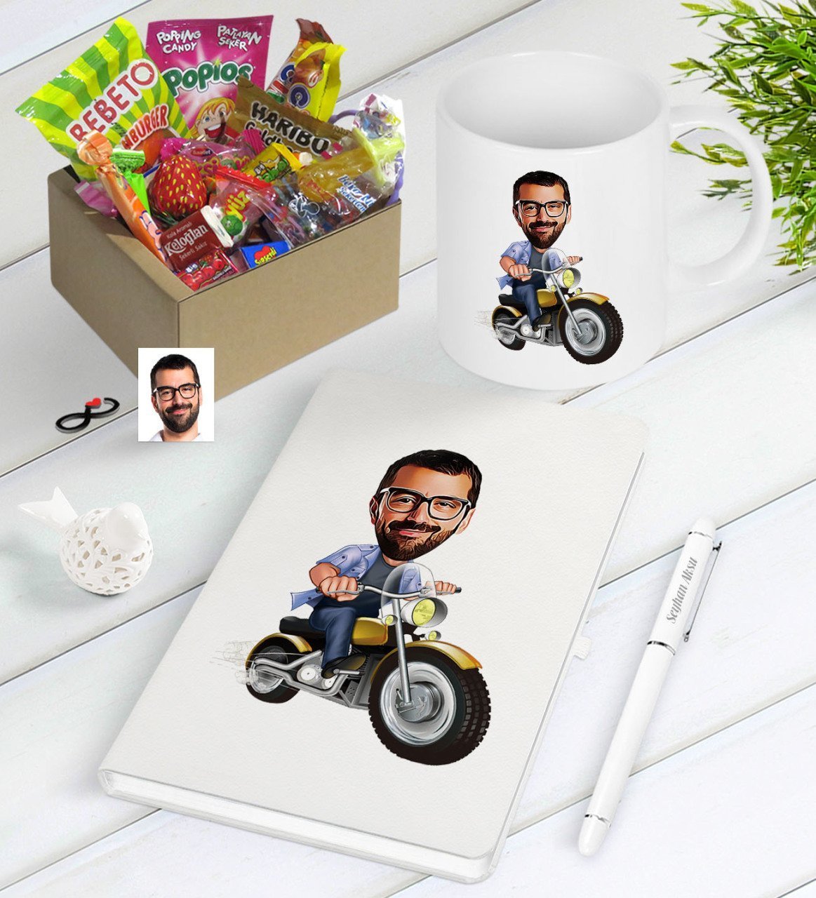 Kişiye Özel Bay Motorcu Karikatürlü Nostaljik Lezzetler Defter Kalem Kupa Hediye Seti