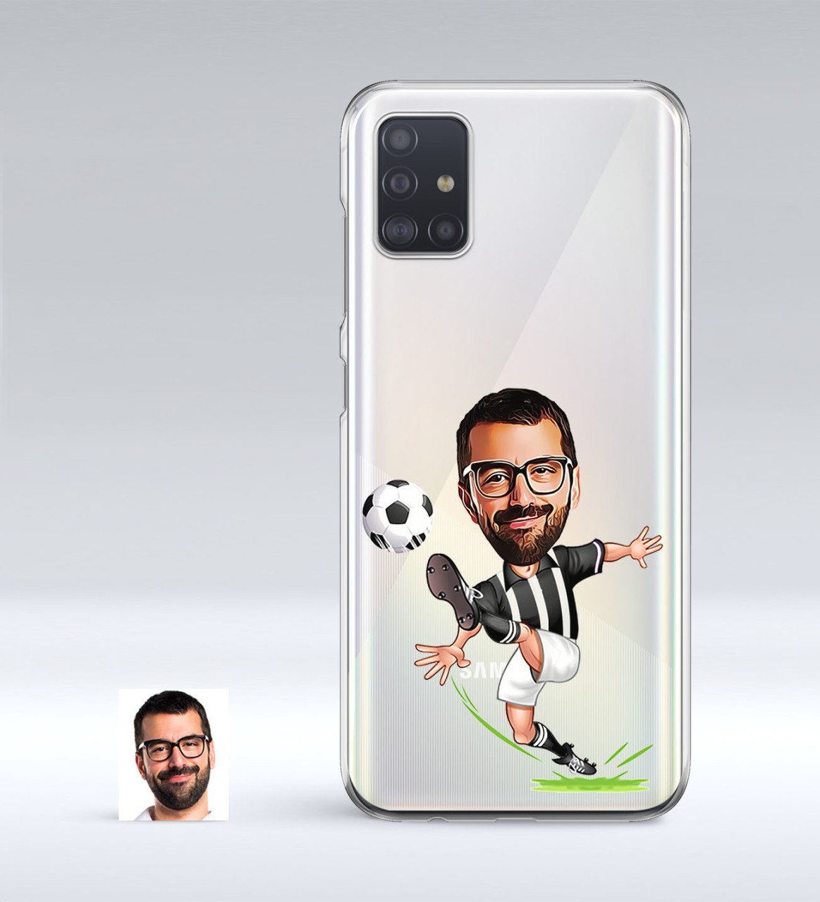 Kişiye Özel Siyah Beyaz Futbolcu Karikatürlü Samsung Galaxy A51 İnce Şeffaf Silikon Telefon Kapağı