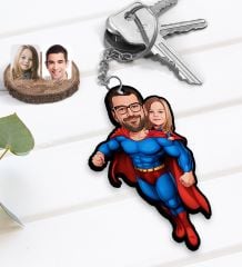 BK Gift Kişiye Özel Süper Baba-Çocuk Karikatürlü Ahşap Anahtarlık-3, Babalar Günü Hediyesi, Babaya Hediye