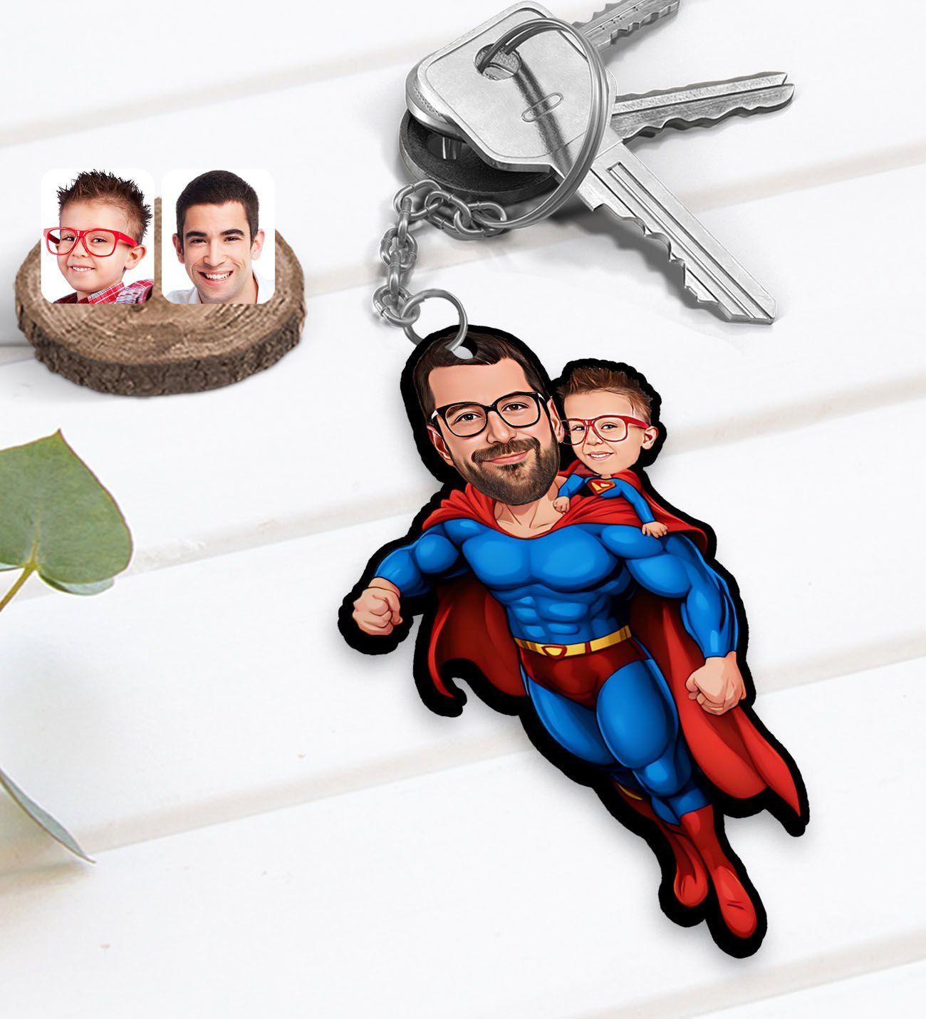 BK Gift Kişiye Özel Süper Baba-Çocuk Karikatürlü Ahşap Anahtarlık-3, Babalar Günü Hediyesi, Babaya Hediye