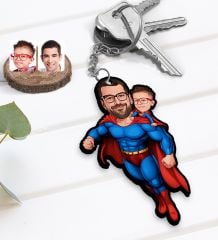 BK Gift Kişiye Özel Süper Baba-Çocuk Karikatürlü Ahşap Anahtarlık-3, Babalar Günü Hediyesi, Babaya Hediye
