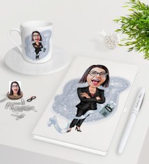 Kişiye Özel Bayan Muhasebeci Karikatürlü Beyaz Defter Kalem Türk Kahvesi Fincanı Seti-2