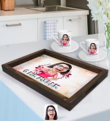 Kişiye Özel O Bir Melek Karikatürlü Doğal Ahşap Tepsi ve 2’li Kahve Fincan Seti-1