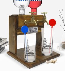Kişiye Özel Renkli Baskılı Kız Kulesi Tasarımlı İkili Vodka Bardağı ve Çift Musluklu Doğal Ahşap Vodka Standı-1