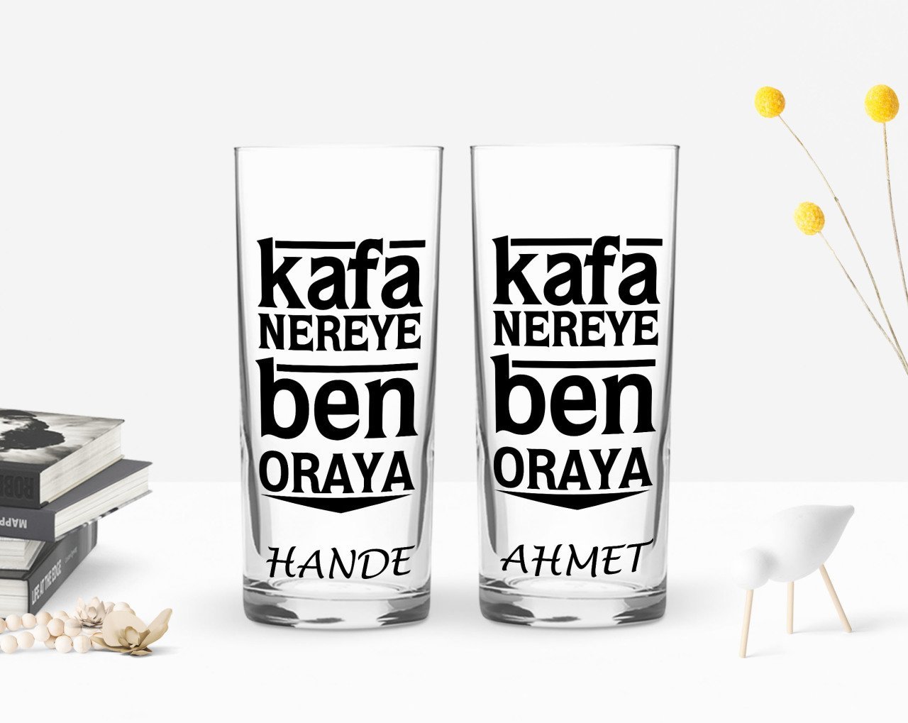 Kişiye Özel Renkli Baskılı Kafa Nereye Ben Oraya Tasarımlı İkili Rakı Bardağı Seti-1