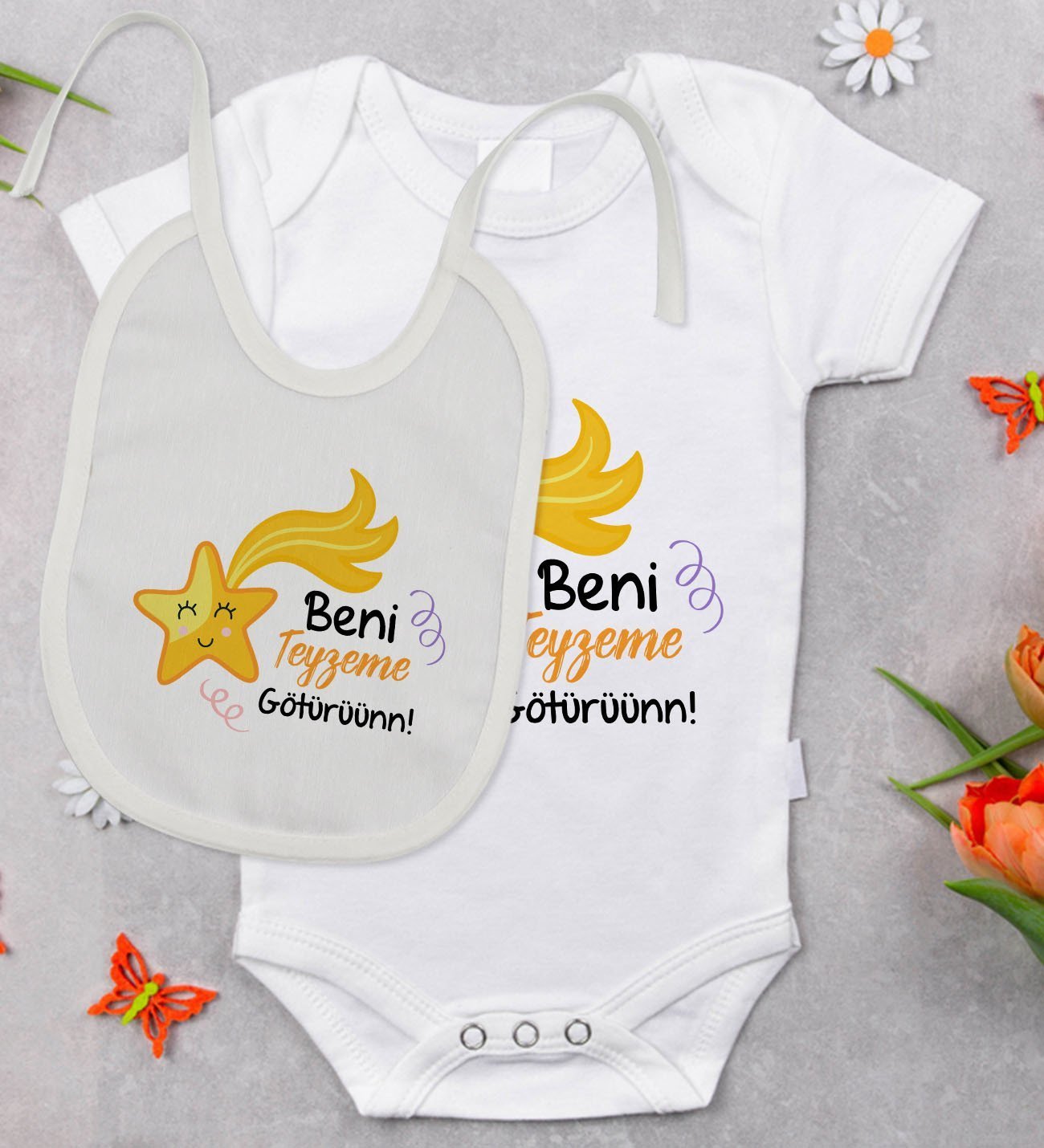 BK Kids Beni Teyzeme Götürün Tasarımlı Bebek Body Zıbın ve Mama Önlüğü Hediye Seti - Model 1