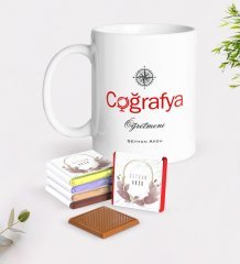 Kişiye Özel Coğrafya Öğretmeni Beyaz Kupa ve Çikolata Hediye Seti-1