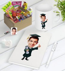 Kişiye Özel Bay Mezun Karikatürlü Nostaljik Lezzetler Defter Kalem Kupa Hediye Seti
