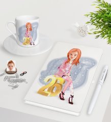 Kişiye Özel Bayan Doğum Günü Karikatürlü Beyaz Defter Kalem Türk Kahvesi Fincanı Seti-10