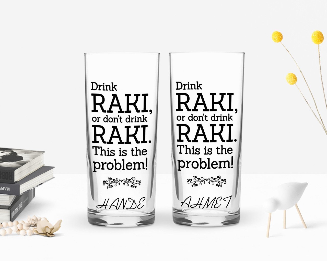 Kişiye Özel Renkli Baskılı Drink Rakı Tasarımlı İkili Rakı Bardağı Seti-1