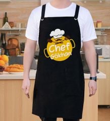 BK Gift Kişiye Özel İsimli Chef Tasarımlı Profesyonel Siyah Mutfak Önlüğü, Aşçı Önlüğü, Şef Önlüğü, Arkadaşa Hediye-3