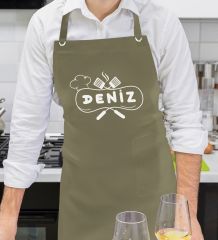 BK Gift Kişiye Özel İsimli Chef Tasarımlı Profesyonel Haki Yeşil Mutfak Önlüğü, Aşçı Önlüğü, Şef Önlüğü, Arkadaşa Hediye-10