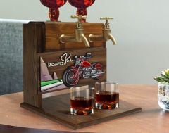 BK Gift Kişiye Özel Kabartma Motorsiklet Tasarımlı İsimli Çift Musluklu Doğal Ahşap İçki Standı-2, İçki Standı, Doğum Günü Hediyesi, Ev Hediyesi