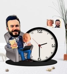 Kişiye Özel Baba Oğul Karikatürlü Ahşap Biblo Masa Saati-1