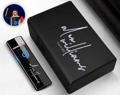 BK Gift Kişiye Özel Siyah Sigara Tabakası ve Elektronik Dokunmatik Alevsiz Şarjlı Çakmak Hediye Seti-17, Metal Sigara Tabakası, Elektronik Çakmak