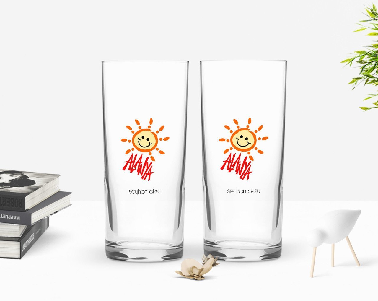 Kişiye Özel Renkli Baskılı Alanya Tasarımlı Turistik İkili Rakı Bardağı Seti-1