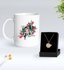 Kişiye Özel Çiçekli Çerçeve Kupa ve Papatya Kolye Seti
