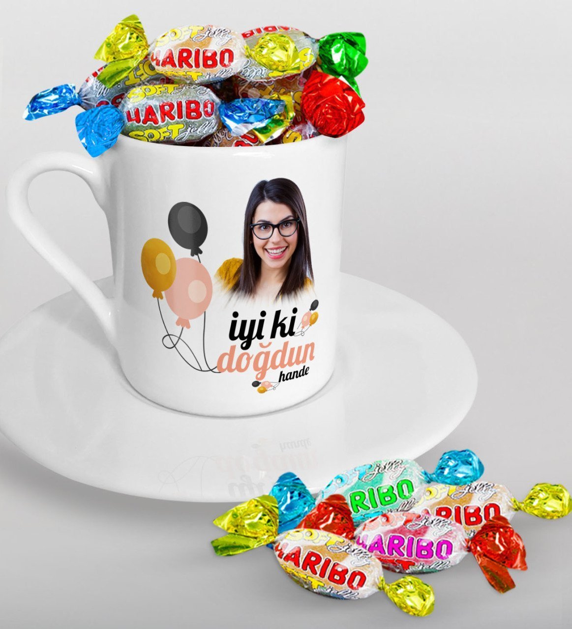 Kişiye Özel Fotoğraflı Doğum Günü Türk Kahvesi Fincanı ve Haribo Şeker Hediye Seti-11