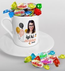 Kişiye Özel Fotoğraflı Doğum Günü Türk Kahvesi Fincanı ve Haribo Şeker Hediye Seti-11