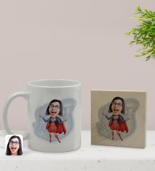Kişiye Özel Süper Anne Karikatürlü Beyaz Kupa Bardak ve Ahşap Bardak Altlığı Hediye Seti - Model 1