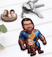 BK Gift Kişiye Özel Süper Baba-Çocuk Karikatürlü  Ahşap Anahtarlık-1, Babalar Günü Hediyesi, Babaya Hediye