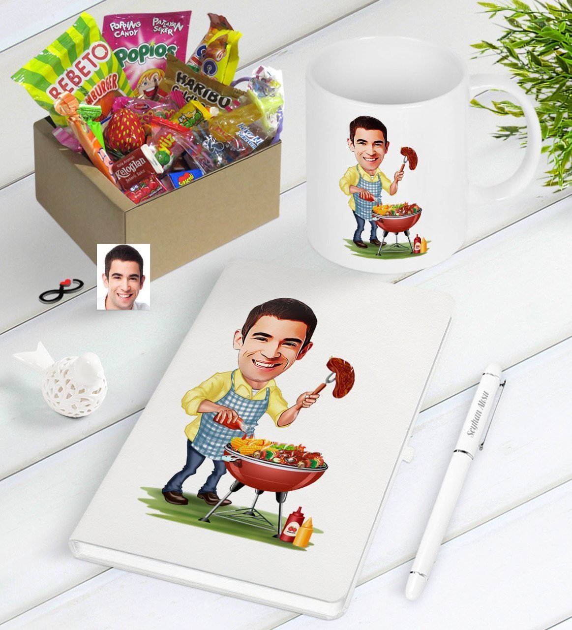 Kişiye Özel Bay Mangalcı Karikatürlü Nostaljik Lezzetler Defter Kalem Kupa Hediye Seti-1
