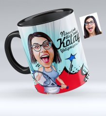 Kişiye Özel Bayan Tenis Oyuncusu Karikatürlü Siyah Kupa Bardak - 1