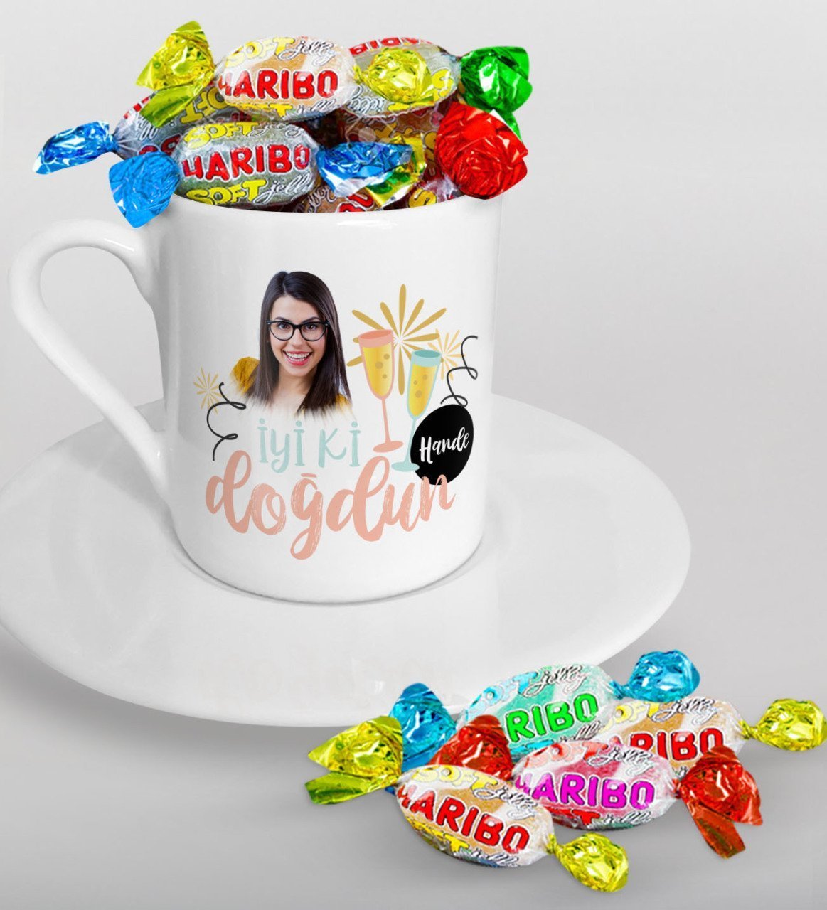Kişiye Özel Fotoğraflı Doğum Günü Türk Kahvesi Fincanı ve Haribo Şeker Hediye Seti-10