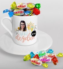 Kişiye Özel Fotoğraflı Doğum Günü Türk Kahvesi Fincanı ve Haribo Şeker Hediye Seti-10