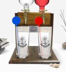 Kişiye Özel Renkli Baskılı Kaptan Tasarımlı İkili Vodka Bardağı ve Çift Musluklu Doğal Ahşap Vodka Standı-7