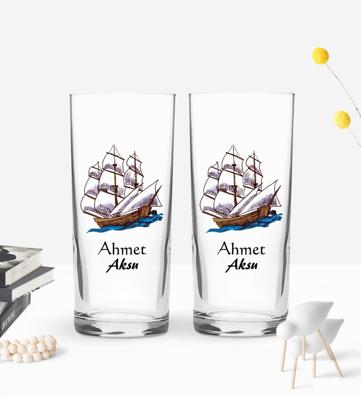 Kişiye Özel Renkli Baskılı Gemi Tasarımlı İkili Rakı Bardağı Seti-2