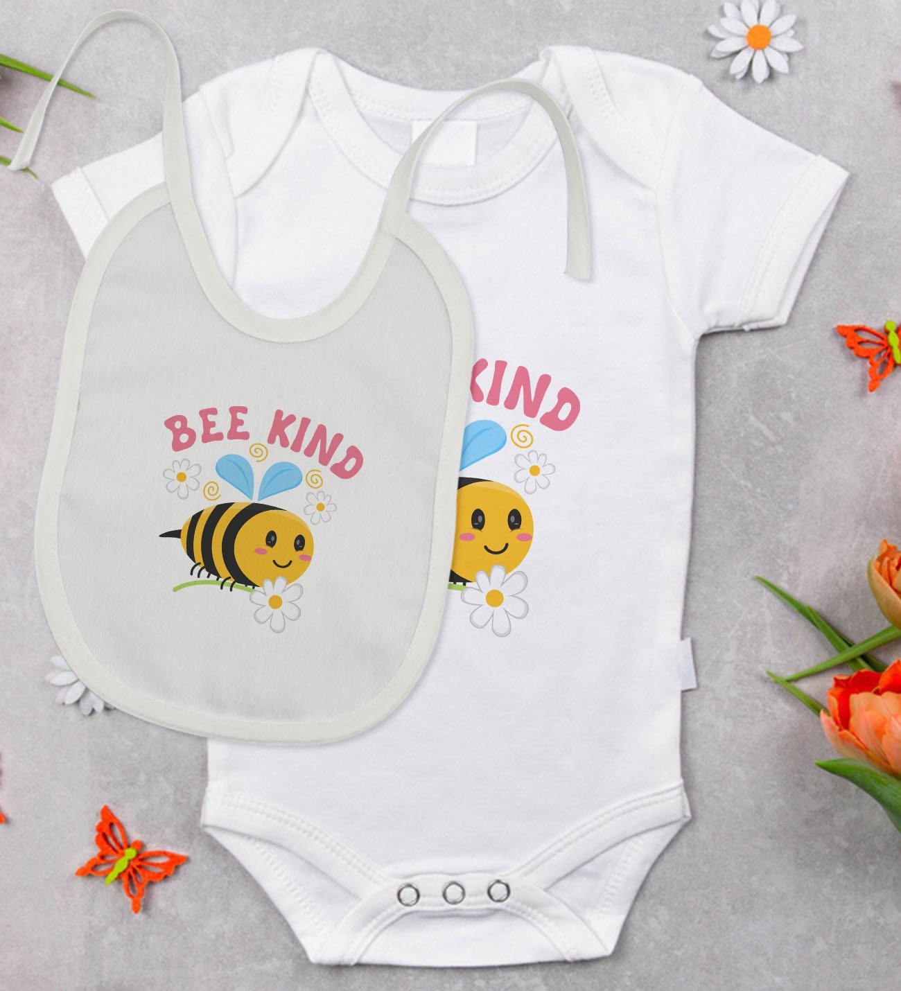 BK Kids Bee Kind Tasarımlı Bebek Body Zıbın ve Mama Önlüğü Hediye Seti - Model 1