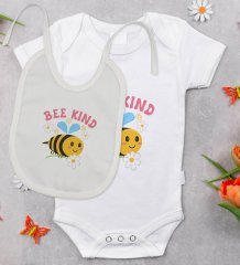 BK Kids Bee Kind Tasarımlı Bebek Body Zıbın ve Mama Önlüğü Hediye Seti - Model 1
