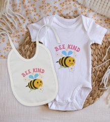 BK Kids Bee Kind Tasarımlı Bebek Body Zıbın ve Mama Önlüğü Hediye Seti - Model 1