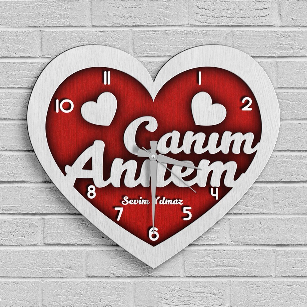 Kişiye Özel Canım Annem Tasarımlı Ahşap Kalp Duvar Saati - 4