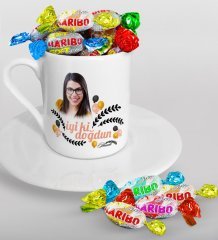 Kişiye Özel Fotoğraflı Doğum Günü Türk Kahvesi Fincanı ve Haribo Şeker Hediye Seti-9