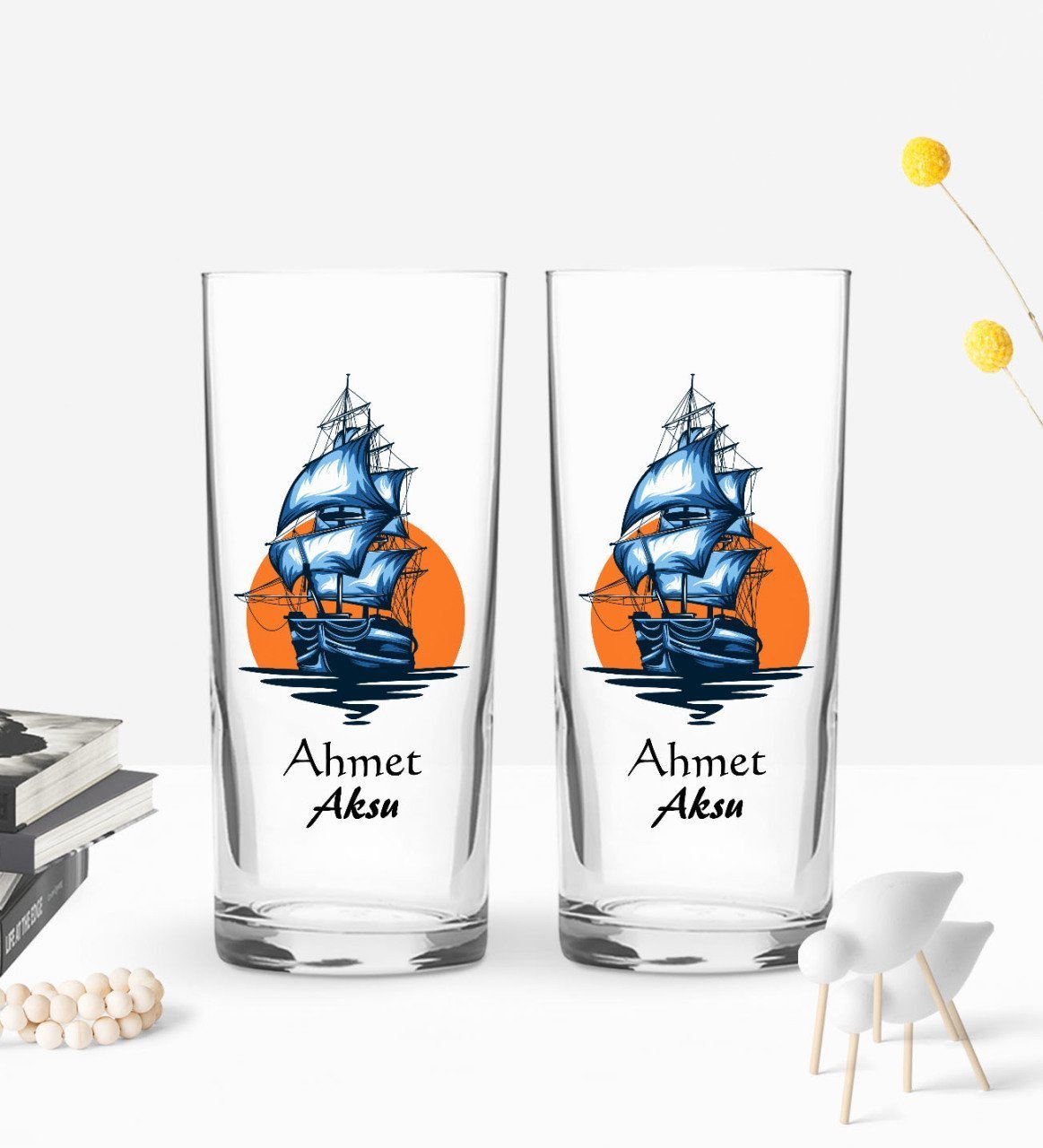 Kişiye Özel Renkli Baskılı Gemi Tasarımlı İkili Rakı Bardağı Seti-1