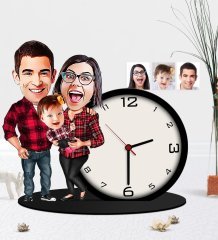 Kişiye Özel Aile Karikatürlü Ahşap Biblo Masa Saati-2