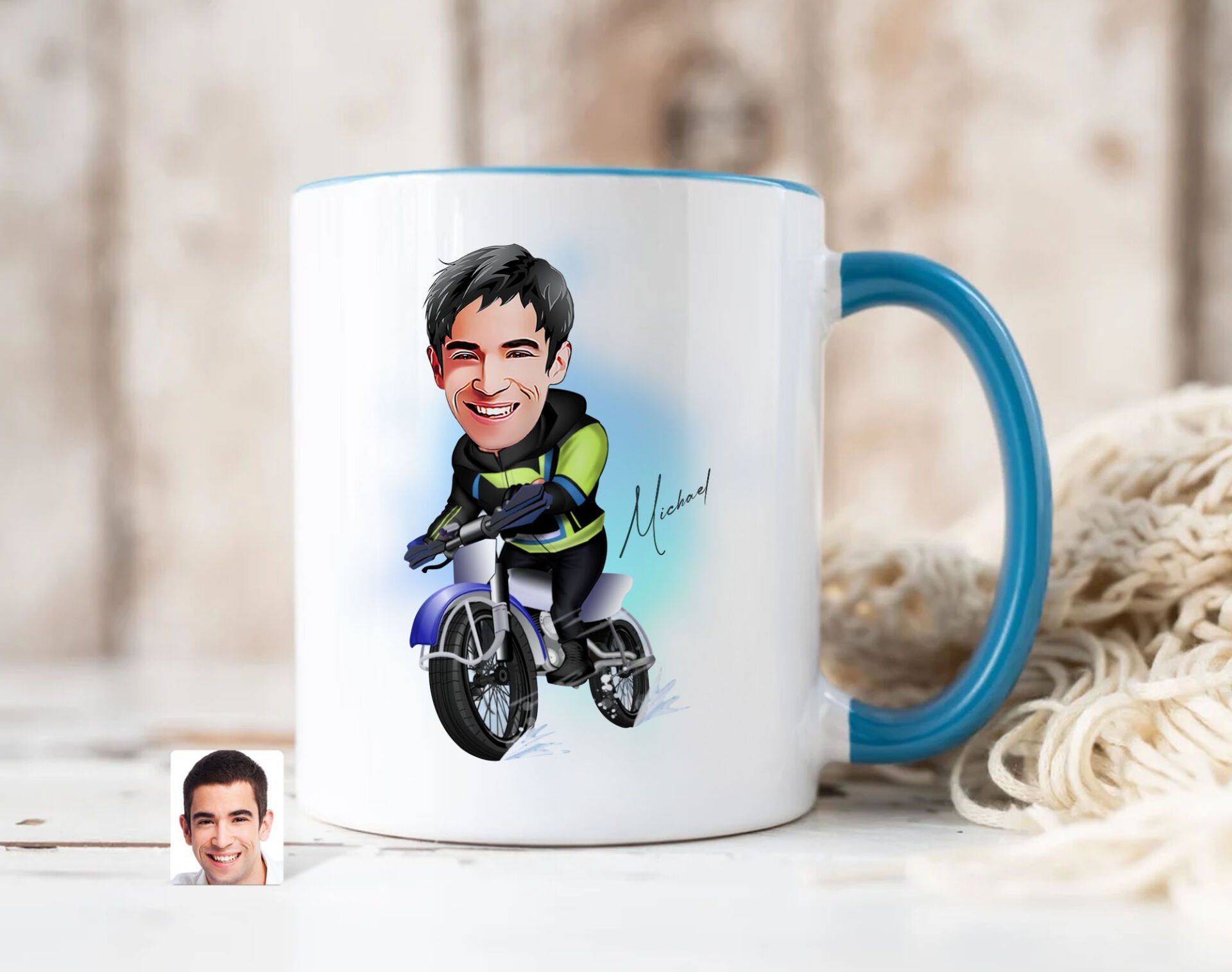 Bk Gift Kişiye Özel Motorcu Karikatürlü Mavi Kupa Bardak-1, Sevgiliye Hediye, Arkadaşa Hediye