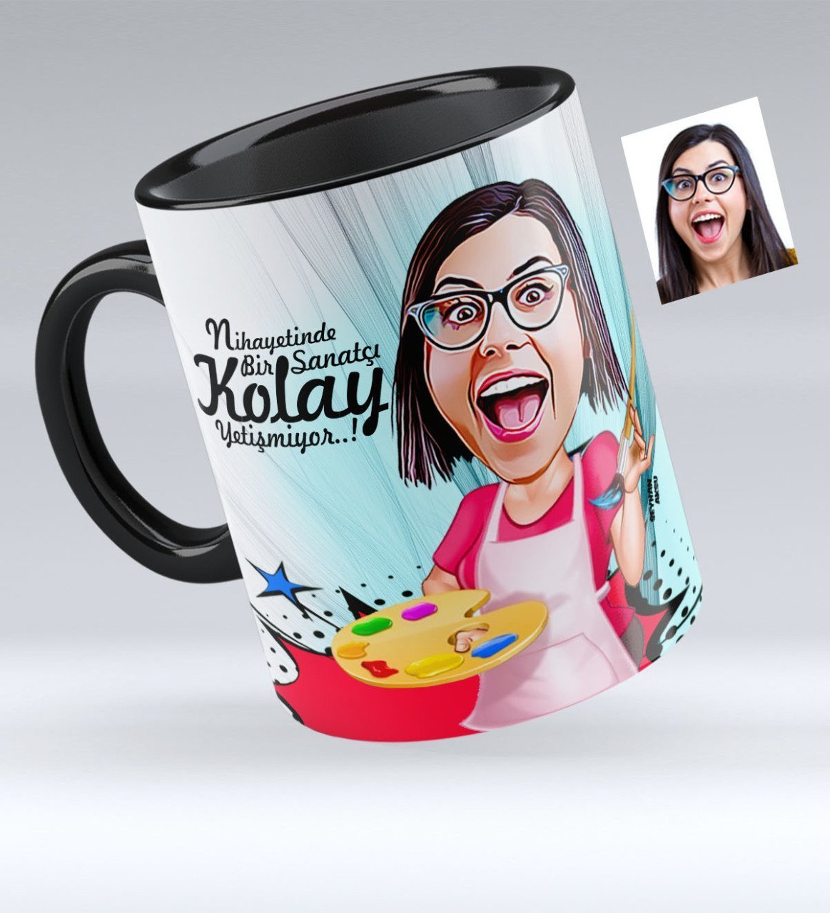 Kişiye Özel Bayan Ressam Karikatürlü Siyah Kupa Bardak - 1