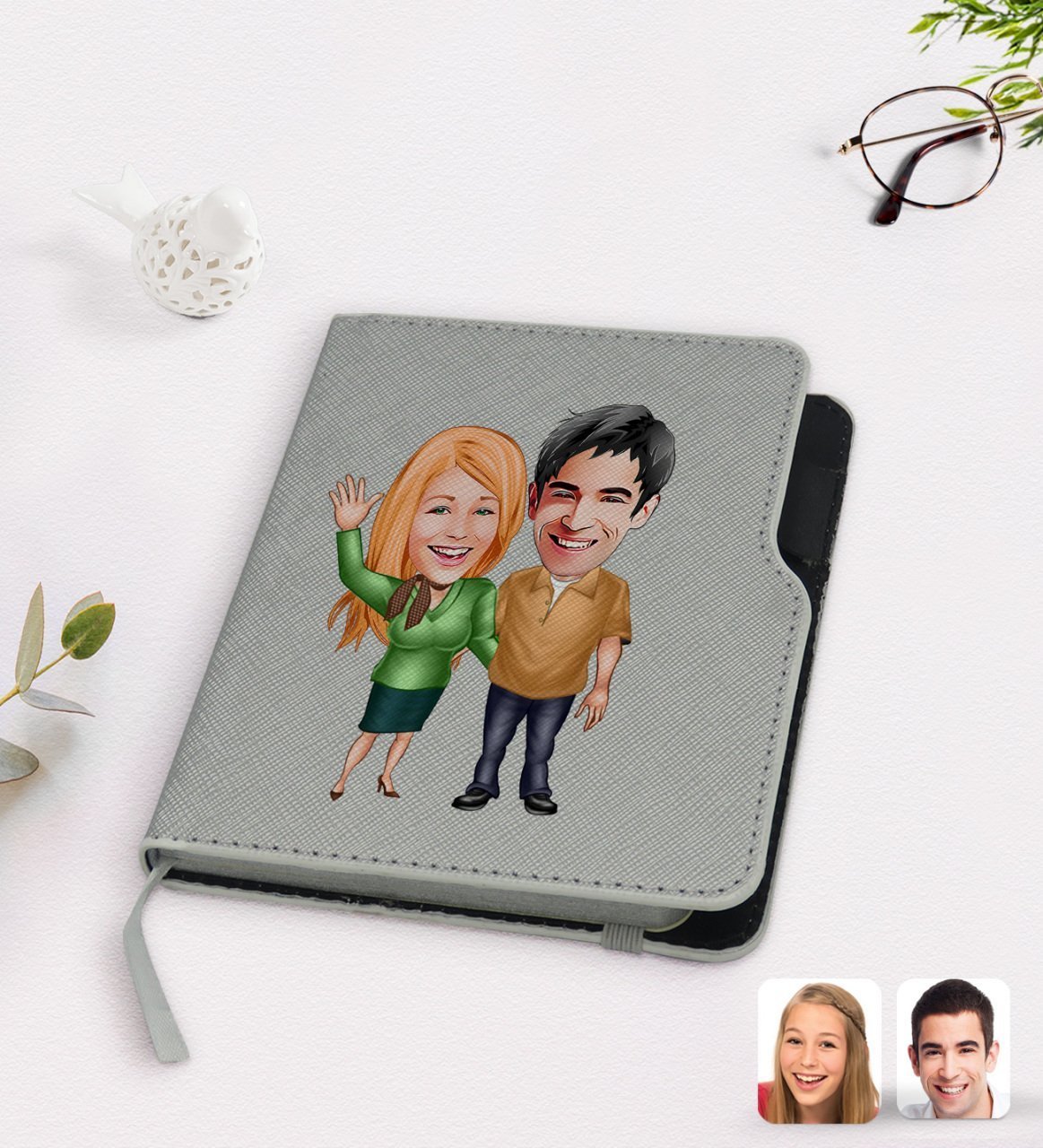 Kişiye Özel Sevgililer Karikatürlü Gri Termo Deri Defter-110