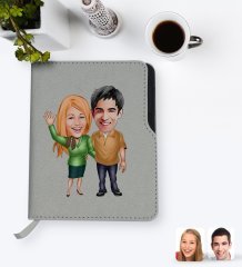 Kişiye Özel Sevgililer Karikatürlü Gri Termo Deri Defter-110