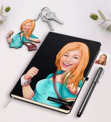 Kişiye Özel Kadın Karikatürlü Siyah Defter Kalem Ve Anahtarlık Hediye Seti-52