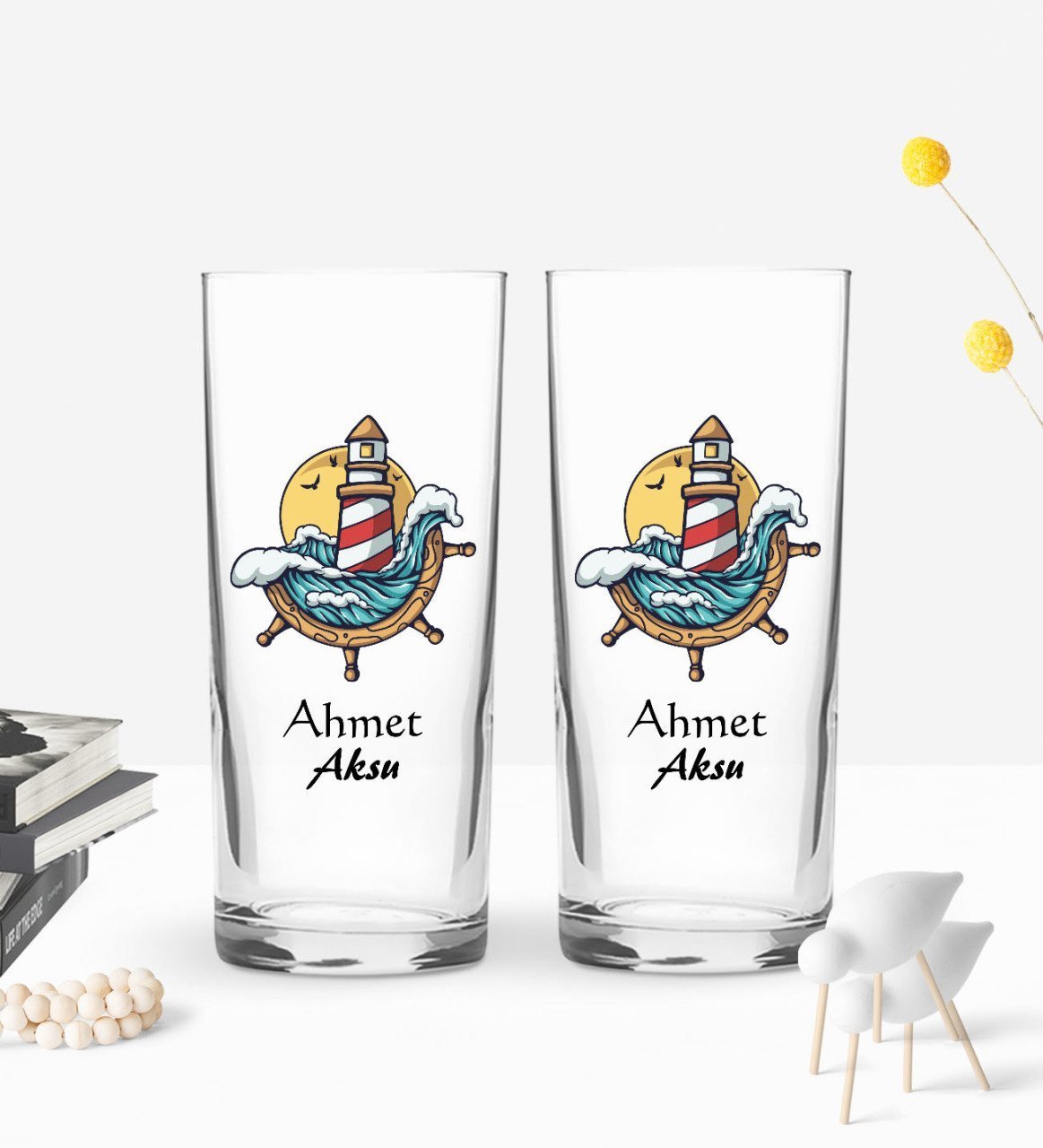 Kişiye Özel Renkli Baskılı Dümen Tasarımlı İkili Rakı Bardağı Seti-4